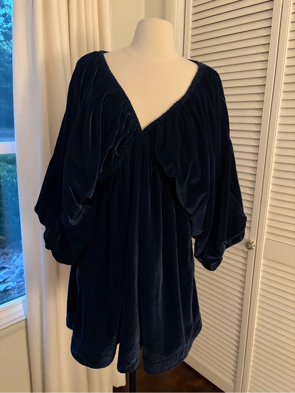 Free People Navy Velvet V-Neck Balloon Sleeve Mini Dress